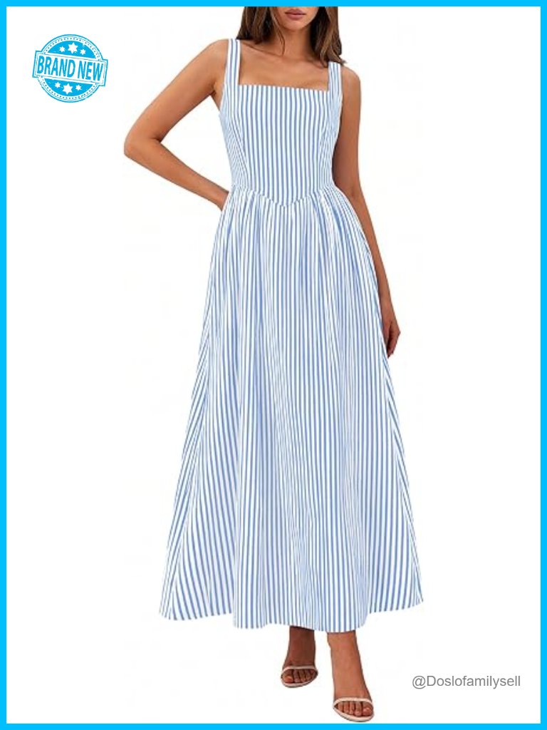 Striped Maxi Dress Square Neck Sleeveless A-Line Summer Beach Vacation
